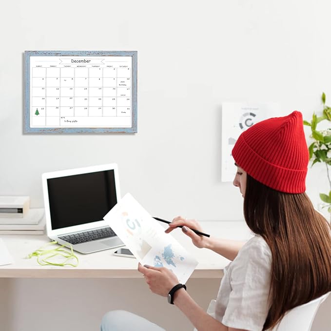 Dry Erase Monthly Calendar Whiteboard,10.6"x 14.6" Small Magnetic White Board for Wall, Hanging Board for Office/School/Home, Solid Pine Wood Frame (Blue)