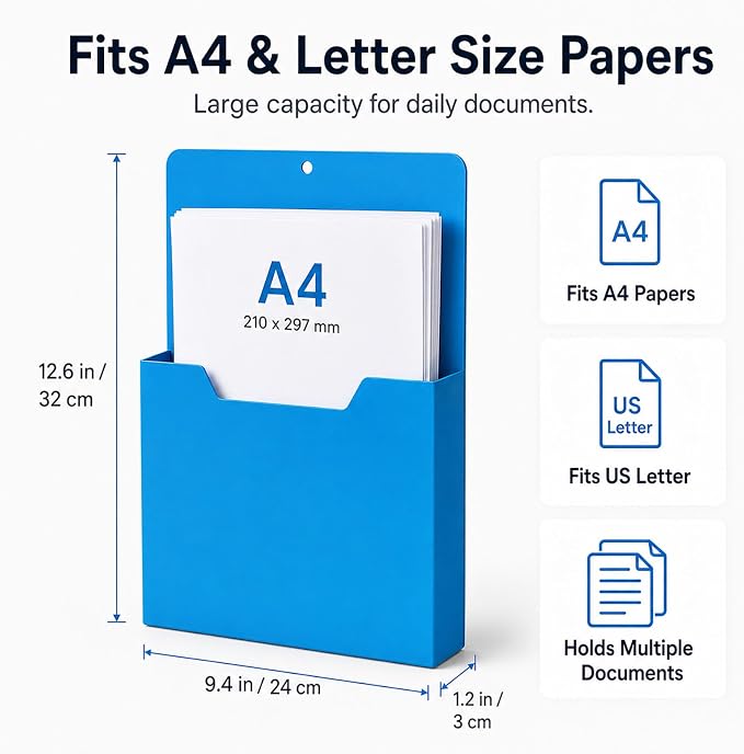 Magnetic File Holder, A4 Wall Organizer for Classroom Whiteboards (2PCS-F) | Large File Pocket for Teachers, Office and Home; Attaches to Fridges, Lockers, Cabinets and Other Metal Surfaces