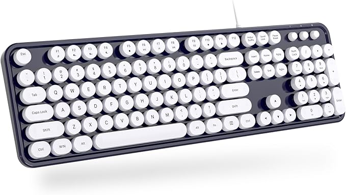 Computer Keyboard Wired, Plug and Play USB Retro Round Typewriter Keyboard, Full Size Wired Keyboard with Foldable Stands for Laptop and Office PC