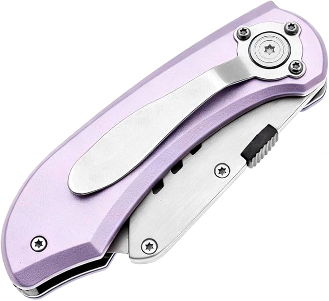 Utility Knife Folding Safety Lock Quick Change with 10 Extra SK5 Replacement Blade Lightweight Aluminum Handle & Pocket Clip Multi-Use Box Cutter Office Home Art Diy Great Gift Choice (New.Purple)