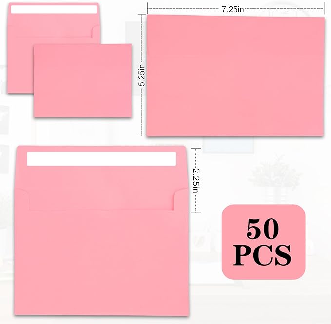 50Packs A7 Pink Envelopes 5x 7 Inch Card Envelopes,Self Seal for Weddings, Greeting Cards，Mailing， Invitations, Photos, Postcards