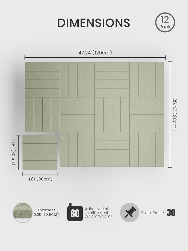Bumusty 48"x 36" Large Felt Bulletin Board Tiles, Sage | 12-Pack Cork Board Alternative, Wall Decor, 30 Pushpins, 60 Adhesive Tabs, Vision Board, Office, Classroom, Home, Dorm