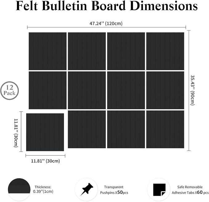 48" x 36" Large Felt Bulletin Board, Bold-Stripe 12-Pack Cork Boards | Fabric Bulletin Board with 60 Adhesive Tabs, 50 Pushpins, Felt Wall Tiles for Office Push Pin Board Felt Board, Black | Fabric Bulletin Board with 60 Adhesive Tabs, 50 Pushpins, Fel...