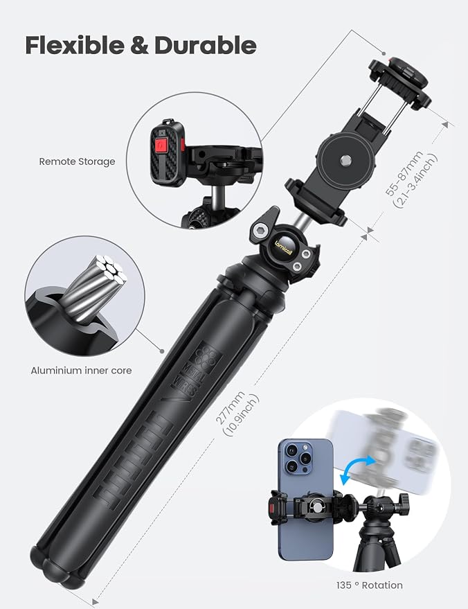 Lamicall Tripod for Camera with Wireless Remote 8-Strand Aluminum Core | Flexible Silicone Legs, Heavy-Duty Phone Stand with 1/4'' Screw & Cold Shoe for iPhone Pocket 3/4 Samsung GoPro DSLR Camera