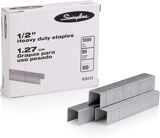 Rexel Swingline Staples, Heavy Duty, 1/2" Length, 90 Sheet Capacity, 100/Strip, 1000/Box, 1 Pack (35312)