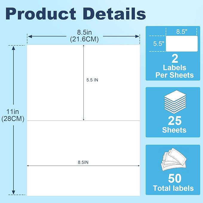 Half-Sheet Shipping Labels, Printable Sticker Paper for Inkjet Printer, 25 Sheets 5.5x8.5 Matte Sticker Printer Paper for Mailing, Shipping, Organizing, 5 1/2 x 8 1/2 Half Page Labels