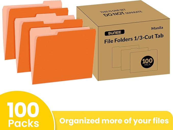 SUNEE File Folders Letter Size Orange, 100 Pack Manilla Folders 8.5 x 11 1/3-Cut Tabs, Colored File Folders Office Home School for Documents Files Paper