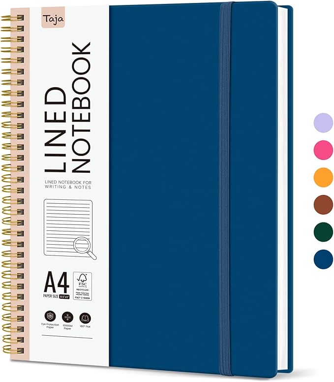 Taja Spiral Lined Notebook, 8.5"x11" Notebooks for Work, Large A4 Journal for Women & Men, College Ruled Journaling Notebook for Writing, Plastic Cover Spiral Journal, Navy Blue