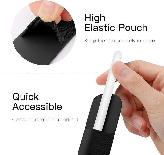 MoKo Adhesive Pencil Case Holder Sticker for Apple Pencil, Black | Elastic Pencil Pocket Pouch, Adhesive Sleeve, Attached to iPad Case, For Pro/USB-C/1st/2nd Gen and Similarly Stylus Pens