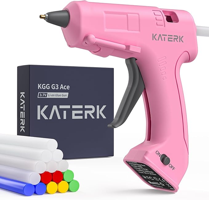 Katerk 3.7V Cordless Hot Glue Gun Kit, 90s Fast Heating, Mini Glue Gun with 15 Glue Sticks, USB-C Rechargeable with 2000mAh Built-in Battery, Ideal for DIY, Gift Making, School Crafts & Repairs (Pink)