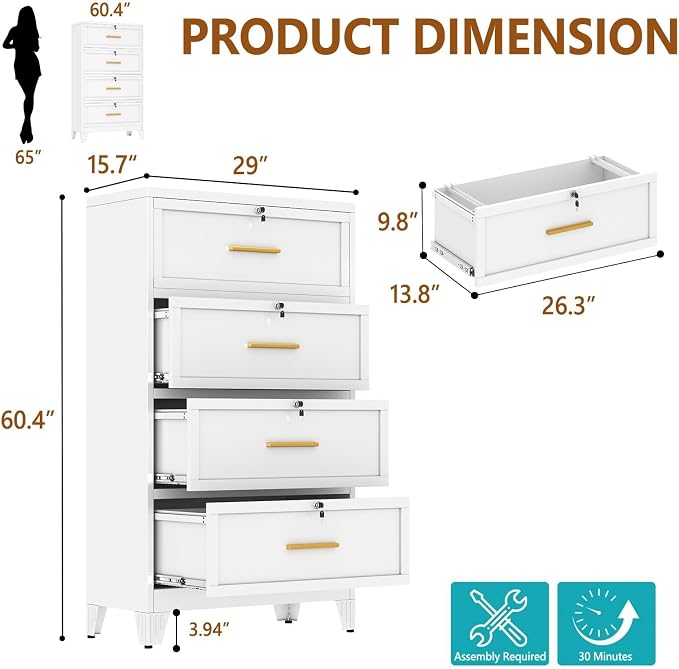 4 Drawer File Cabinet with Lock, Wide Metal Cabinet for Home Office | Wide lateral file cabinet for Letter, Legal, A4 and F4 hanging folders; individual locks, adjustable feet, anti-tip design