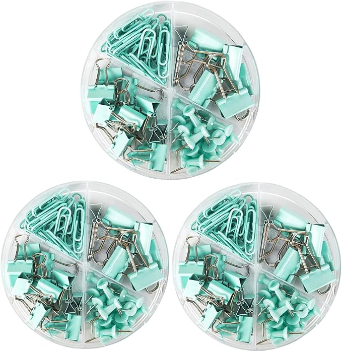 Paper Clips Binder Push Pin Set, Assorted Sized Binder Clips | Cute Office Supplies, Aesthetic Desk Accessories Teachers Desk Must Have, Paper Clips and Binder Clips Set, Green, 3 Pack