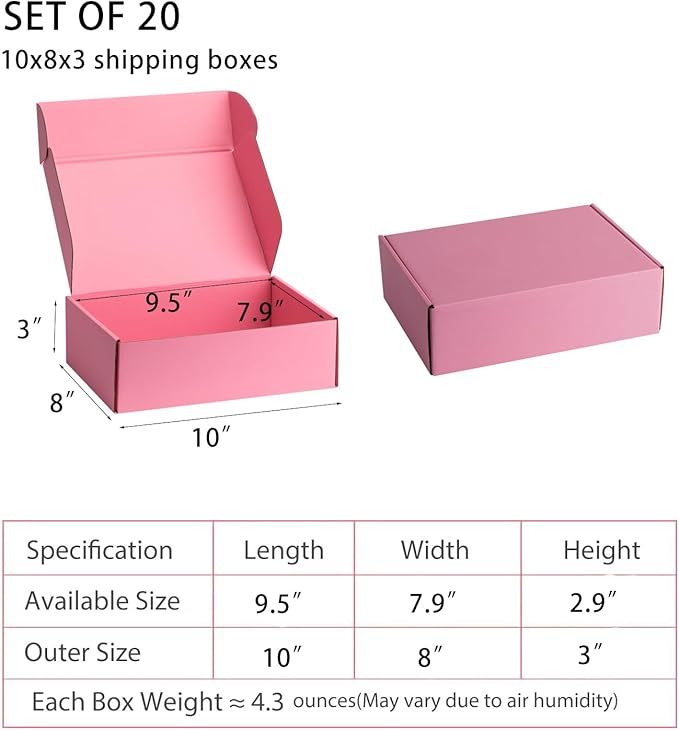 Small Shipping Boxes 10x8x3 Inches – Pink Corrugated Cardboard Boxes (20-Pack) for Mailing, Packing, Small Business & Gift Packaging - Recyclable & Sturdy