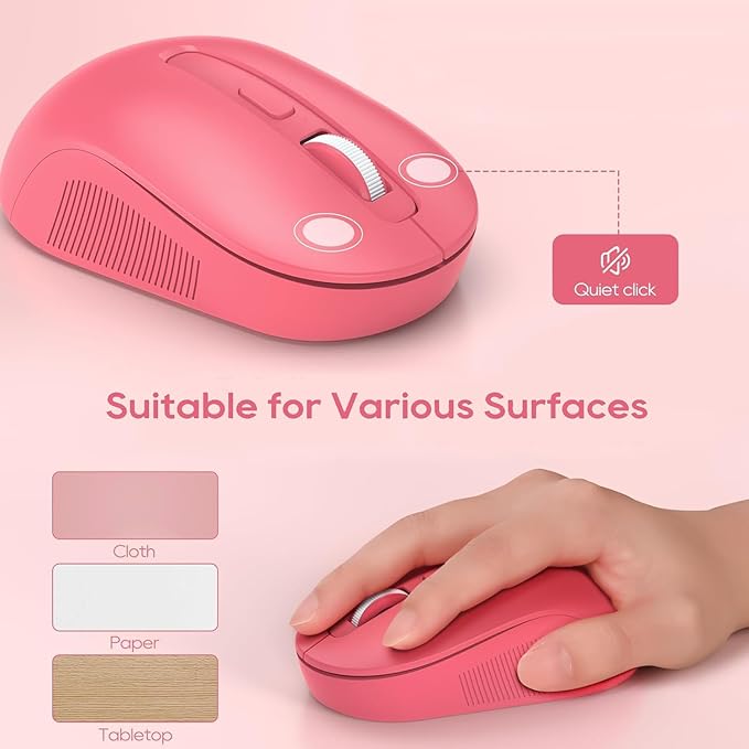 Wireless Keyboard and Mouse Combo, Cute Hot Pink Full-Size Retro Typewriter Keyboard with Round Keycaps, Magnetic Wrist Rest, Tilt Legs, 2.4GHz Cordless for Mac, Windows PC, Laptop, SABLUTE CK23