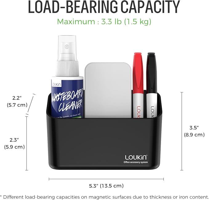 loukin Magnetic Marker Holder Set, Whiteboard Accessory Tray Set, Black | 5.3" × 2.2", Holds 1 Eraser and 8 Markers, Supports up to 3.3 lb, 2 Mounting Options, Fits Glass and Refrigerators