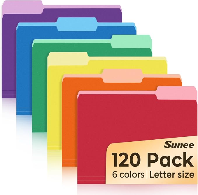 SUNEE File Folders, 120 Pack Manilla Folders 8.5 x 11, Colored File Folders Home Office School Supplies for Documents Files Paper, 6 Assorted Colors