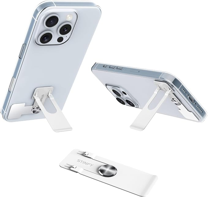 Phone Slim Stand Thin Kickstand, Ultra Thin Vertical Horizontal Universal Steel Metal Stable Mount Attachable Pocket Friendly Phone Holder for iPhone Samsung Phone Case (White 1-Pack)