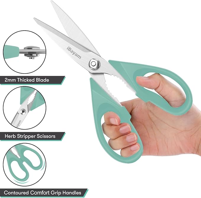 iBayam Kitchen Scissors, Set Of 2, Aqua Sky, Black Kitchen Utensils Set | for New Home Essentials, 2-Pack Protective Sheath, Dishwasher Safe, Stainless Steel Scissors, Built-In Bottle Opener