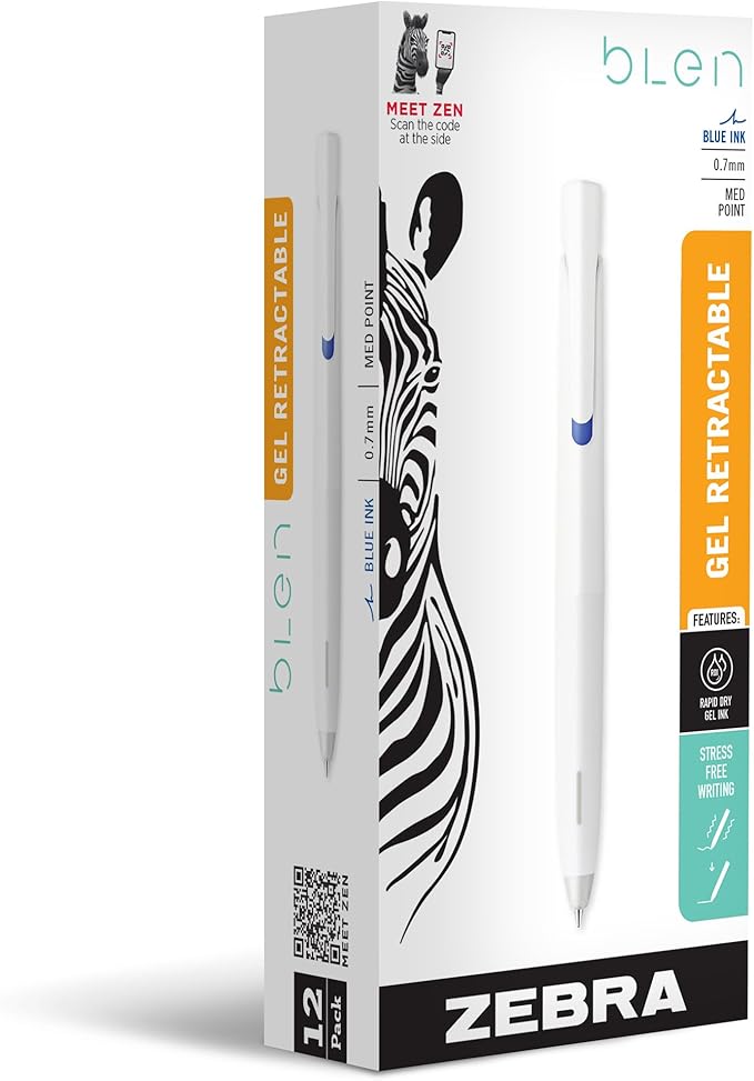 Zebra Pen, bLen Retractable Gel Pens, Medium Point 0.7mm, Blue Ink, White Barrels, Rapid Dry Gel Ink, Low Vibration for More Stable, Easier to Control Writing, Refillable, 12-Pack (41420)