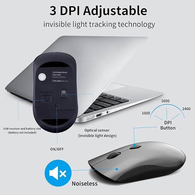 Slim Silent Full Size Wireless Keyboard Mouse Combo Grey2 Pack | With calculator key, 2400 DPI quiet mouse, USB cordless set, compatible with Windows, Mac, Laptop & PC