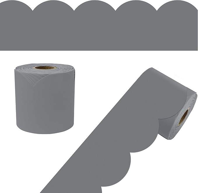 Carson Dellosa Education 65Ft of Gray Bulletin Board Borders, 1 Roll of Grey Scalloped Trim for Rolling Whiteboard, Cork and Posterboard, Party, Office Decorations, and Classroom Decor