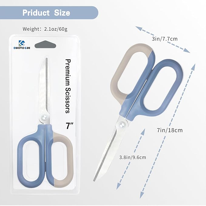 Blue Office Scissors with Comfort-Grip Handles, Sharp Craft Scissors for DIY Art, Sewing, Fabric, Student, Teacher, and Home Use(7", Blue-2Pack)
