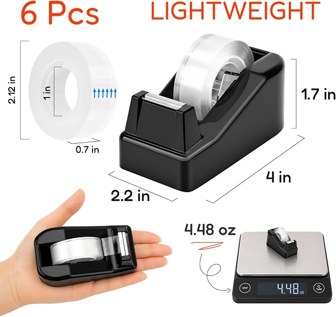 Lightweight Desktop Tape Dispenser, 6 Rolls Tape, 1-Inch Core | Tape Holder with Stable Non-Skid Base, 0.71 in x 1000 in per Roll, for Office Home School & Travel