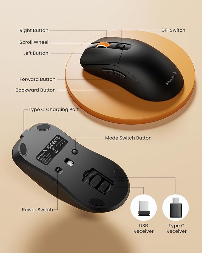 ProtoArc Bluetooth Wireless Mouse for MacBook Pro/Air, USB C Mouse, EM15 Rechargeable Compact Portable for Laptop, iPad, Tablet, Chromebook-Black
