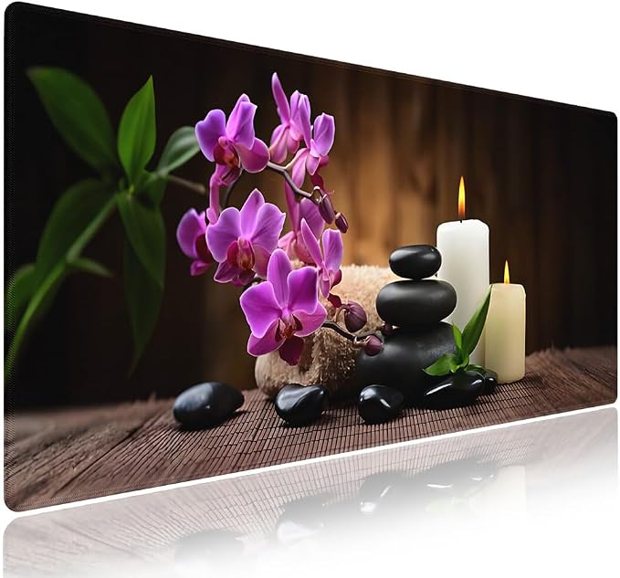 Tranquil Zen Spa Large Mouse Pad, Peaceful Scene Still Life Desk Mat | Natural Ambiance of Candles, Stones & Orchids Flowers, 31.5" x 11.8", XXL Gaming Stitched Keyboard Mat, Smooth, Anti-Slip