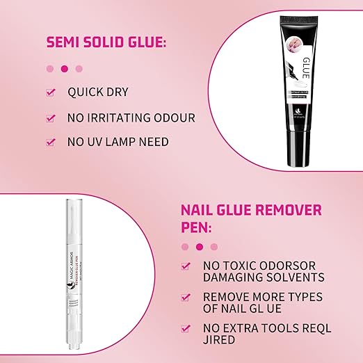 15g Semi Solid Nail Glue Gel with 5ml Remover Glue Pen, Super Glue for Press On Nails, No UV Light Needed Long Lasting, Click Removal Pen Design 3-in-1 Remover