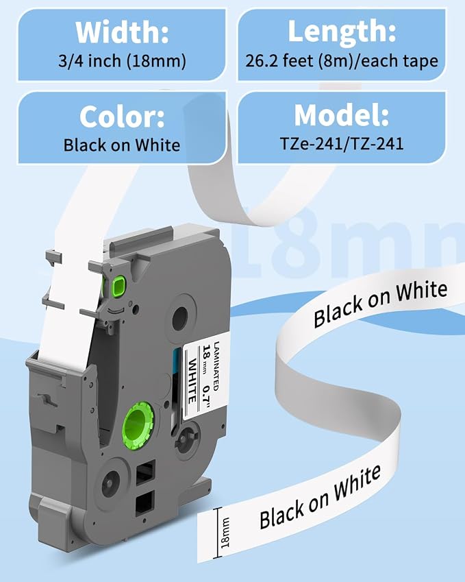 TZe-241 TZe241 Replacement for Brother P Touch Label Tape TZe TZ Tape 18mm | 0.7 Inch Laminated White Label Maker Tape, Compatible with Brother PT-D400 PT-D410 PT-D600 PT-D610BT, 3/4 Inch, 4-Pack