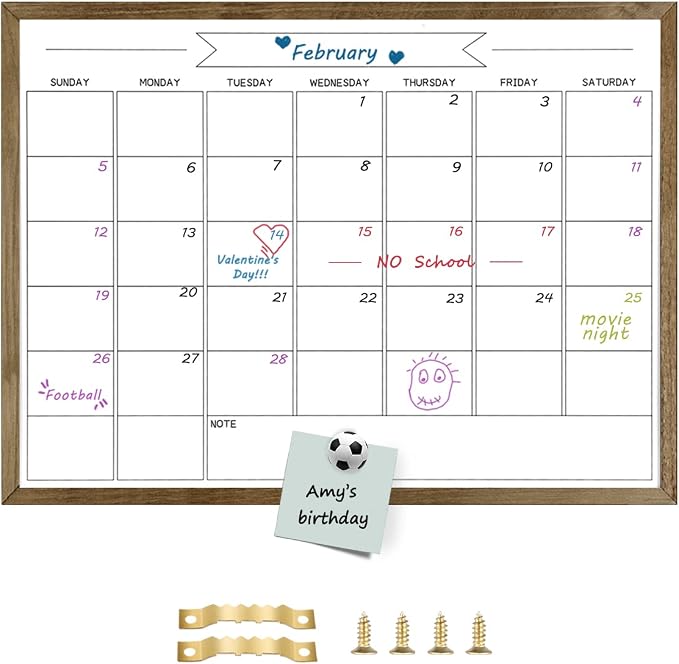 Large Dry Erase Monthly Calendar Whiteboard for Wall, Magnetic,23.6"x 31.5" | Solid Pine Wood Rustic Brown Frame,Magnetic Surface White Board for Wall,for Office/School/Home