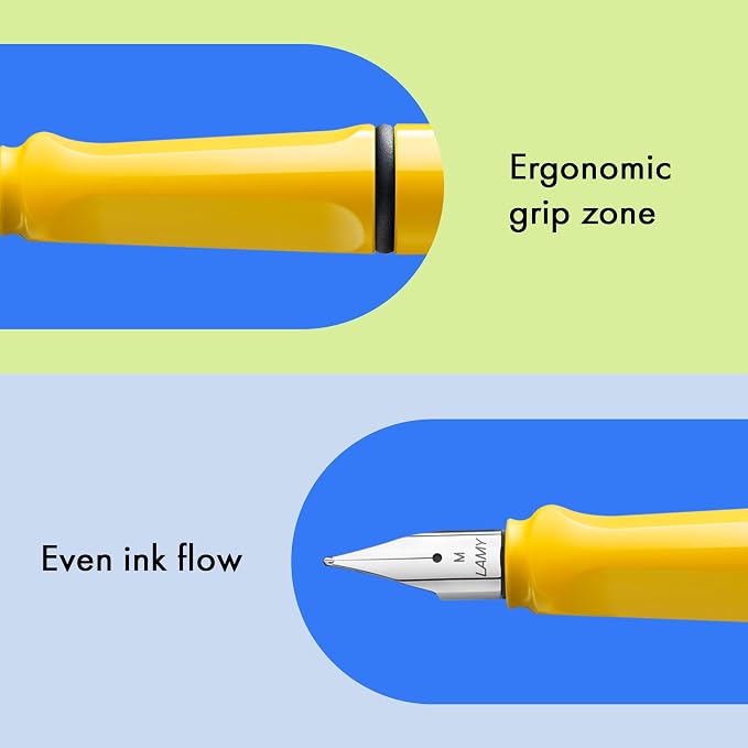 LAMY safari yellow - Fountain Pen with ergonomic grip & polished steel nib in size B - ideal for any Writing & Calligraphy - including LAMY T 10 blue cartridge - Right-Handed