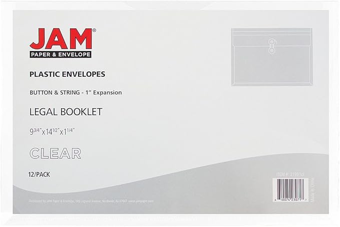 JAM PAPER Plastic Envelopes with Button & String Tie Closure - Legal Booklet - 9 3/4 x 14 1/2 - Clear - 12/Pack