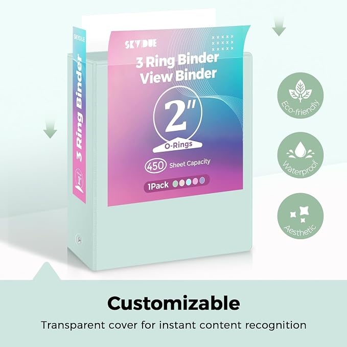 SKYDUE 2 Inch 3 Ring Binder with 8 Tab Dividers & 24 Labels, Large Capacity Pastel Binder Organizer for Letter Size Paper, Aesthetic School Binder for Documents, Office & Home Organization, Green