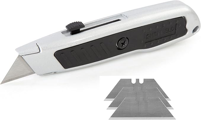 Sheffield Retractable Utility Knife, Box Cutter With Rubber Grip, 4-Position Blade Lock, Razor Blades Included, For Home, Office, Trades, and Warehouse
