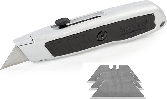 Sheffield Retractable Utility Knife, Box Cutter With Rubber Grip, 4-Position Blade Lock, Razor Blades Included, For Home, Office, Trades, and Warehouse