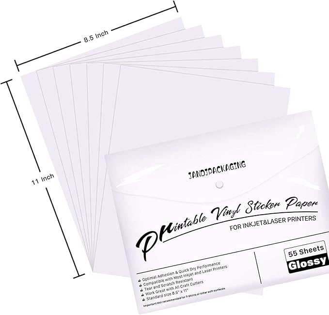 JANDJPACKAGING Premium Printable Vinyl Sticker Paper - for Inkjet and Laser Printer - 55 Pack Glossy White Waterproof Inkjet Printable Vinyl - Dries Quickly and Holds Ink Beautifully