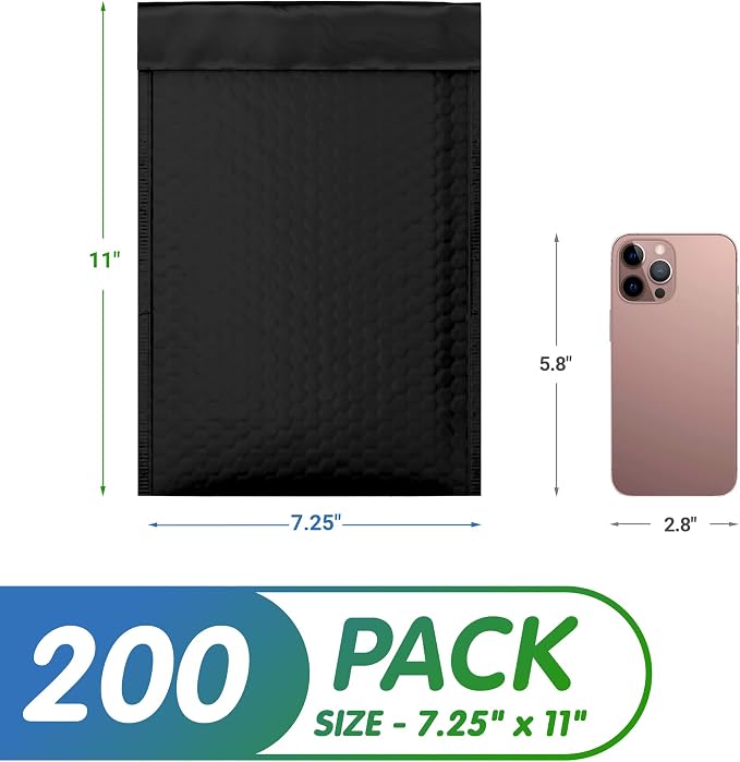 Glamour Metallic Bubble Mailers 9.5 x 13.5 Inches Matte Black, 200 Pack Padded Envelopes for Shipping, Mailing, Packaging Protection
