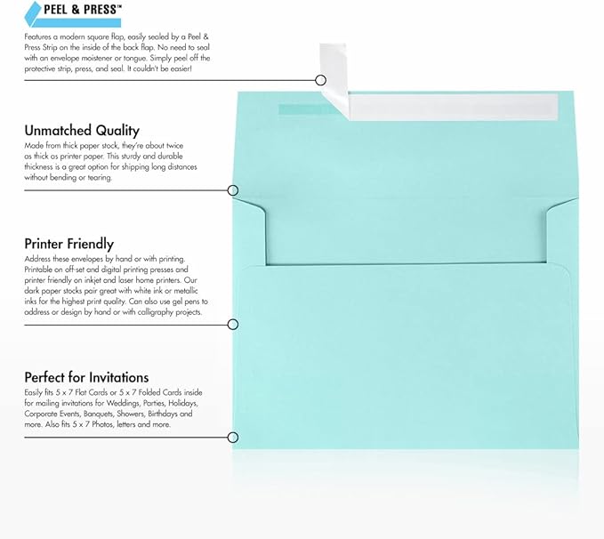 LUXPaper A7 Invitation Envelopes | Peel & Press | 5 1/4" x 7 1/4" | Seafoam Blue | 80lb. Text | 250 Qty