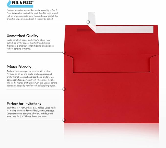 LUXPaper A7 Invitation Envelopes | Peel & Press | 5 1/4" x 7 1/4" | Ruby Red | 80lb. Text | 1,000 Qty