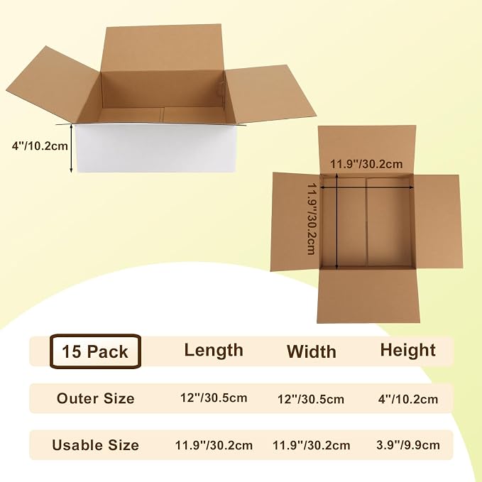WIFTREY 12x12x4 inches White Shipping Boxes Pack of 15, Corrugated Cardboard Boxes 12 x 12 x 4 for Packaging Small Business, Moving, Mailing