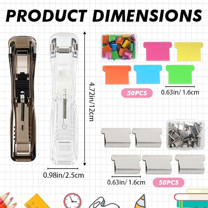 Portable Paper Clam Clip Dispenser, 2 Pcs Handheld Binder Clip Stapler, Black and Clear Mini Stapler Push Staple Free Clips Binder Set with Metal Refill Clips for Home School Office Fixing Documents