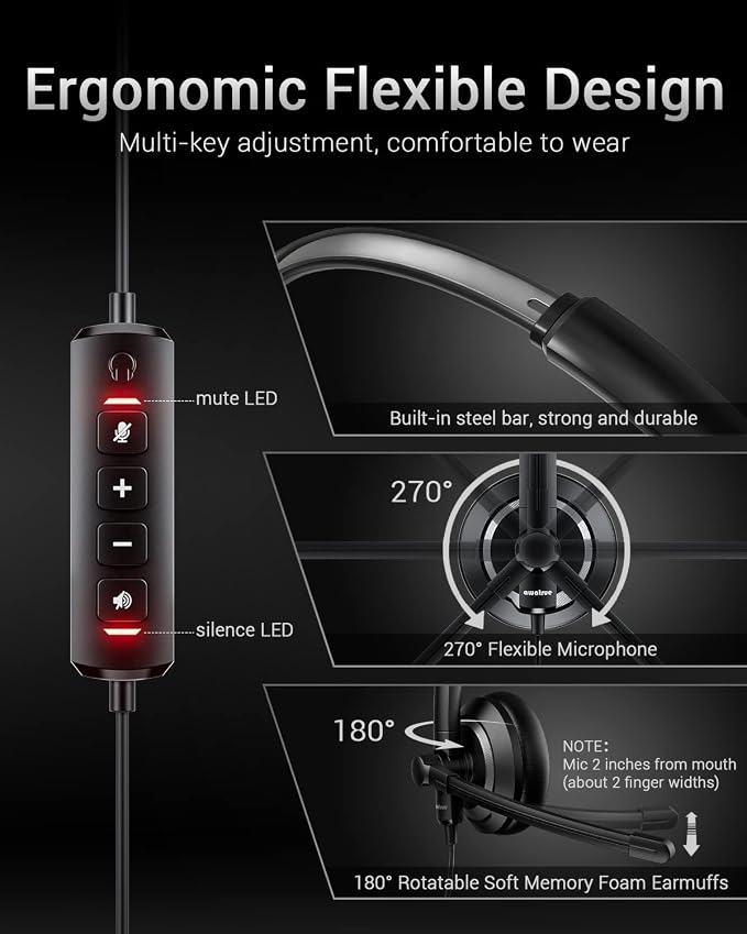 awatrue EH05-U Wired USB Headset with Noise Cancelling Microphone for PC Laptop - Headphones with In-Line Control, Lightweight, Enhanced Sound & MIC Mute