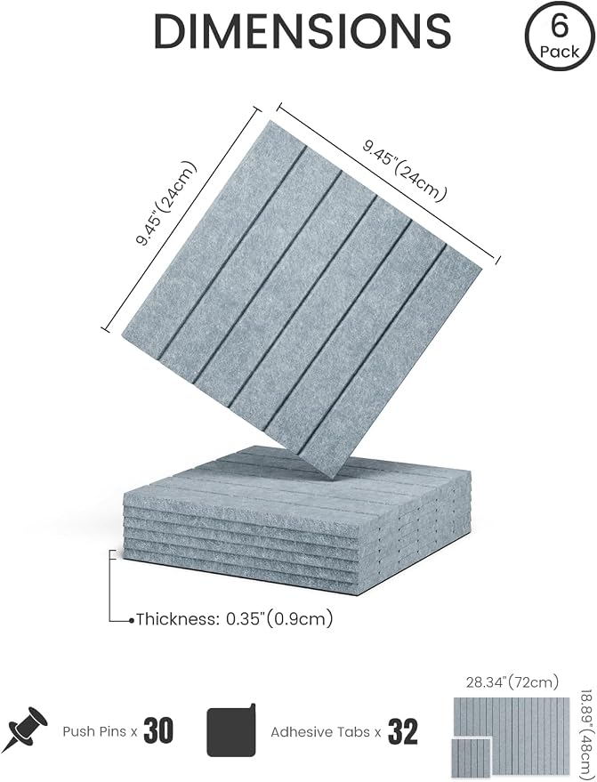 28" x 18" Felt Bulletin Board Tiles, Fine Stripe, Blue Gray | 6-Pack Cork Board Alternative, 30 Adhesive Tabs, Push Pin Board, Wall Decor, Office, Home, Classroom, Dorm