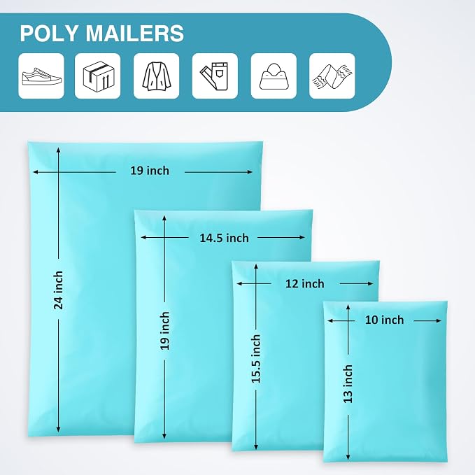 UCGOU 100 Pack Not Padded Teal Poly Mailers Variety Pack, 10x13 Inch & 12x15.5 Inch & 14.5x19 Inch &19x24 Inch Mailing Bags, Self-sealing Adhesive Mailers Assorted Sizes for Small Business