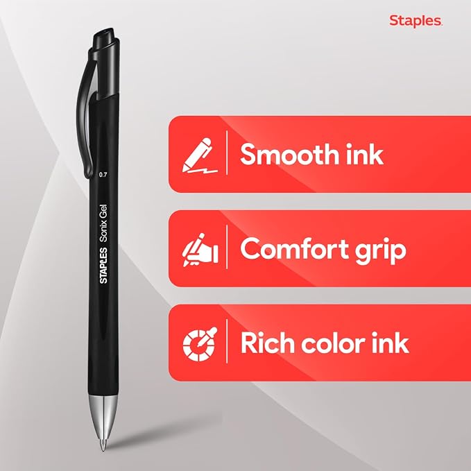 Staples Sonix Retractable Gel Pens, Medium 0.7mm, Black Ink, 12-Pack | Crisp-line writing with a pocket clip for everyday office or school use.