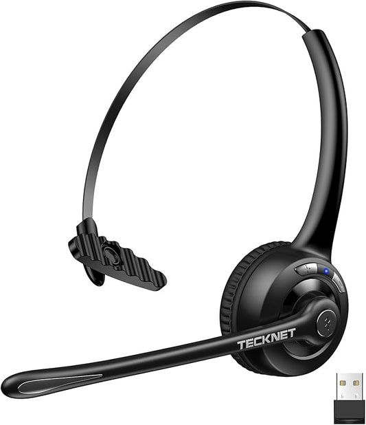TECKNET Wireless Headset, Bluetooth Headphones with Noise Cancelling Microphone for Trucker, Hand Free Wireless Headset with Mute Mic for Cellphone/PC/Home/Office/Call Center (USB Dongle)