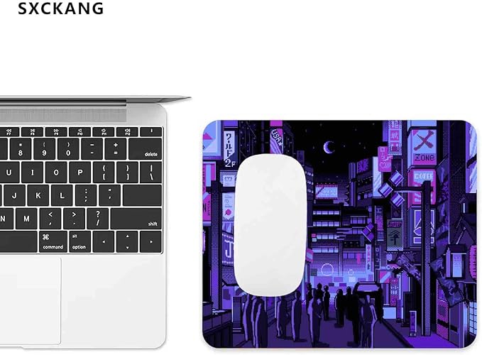 Purple Anime Mouse Pad, Retro Vaporwave Mousepad, Square Premium Texture Japanese Cute Mice Pad Design for Office Work Home, Small Mouse Mat for Computer Laptop, Neon Tokyo Street Pixel Art