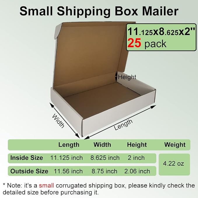 11.125x8.625x2'' Shipping Boxes 25 Pack, White Corrugated Cardboard Mailers for Mailing Packaging Small Business (W1182-25)